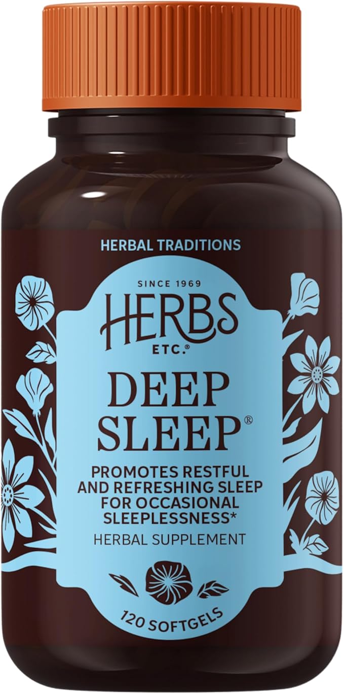 Herbs Etc. Deep Sleep Softgels - Herbal Sleep Support Supplement - Rest &amp Calming Support with Passionflower Chamomile &amp Lemon Balm - 120 Softgels (120 Servings)