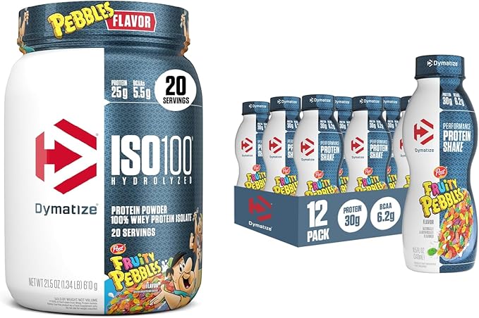 Bundle of Dymatize Performance Protein Shake Fruity Pebbles (12 pack) + ISO100 Whey Protein Powder Isolate Fruity Pebbles (20 Servings)