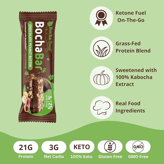 BochaSweet Keto Protein Bar Chocolate Peanut Butter BochaBar 21g Grass Fed Collagen Low Carb Keto-Friendly Gluten Free 4 Count