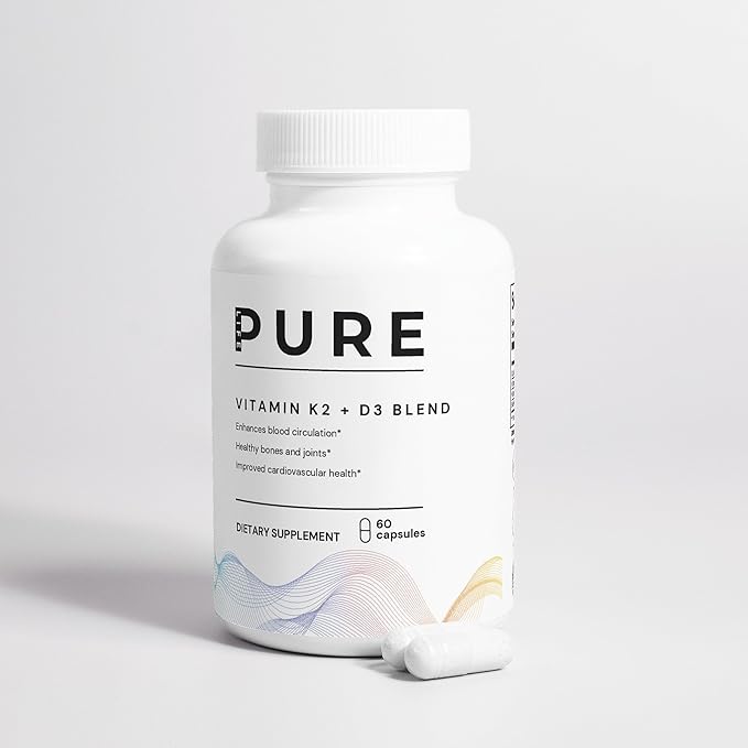 PURE LIFE Vitamin K2 D3 Supplement – 60 Capsules – Pure Vitamin D3 + K2 with Calcium &amp BioPerine – Supports Bone and Joints Improved Cardiovascular Health – Best D3 and K2 Supplement – USA Made