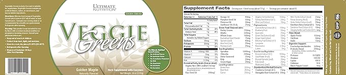 Ultimate Nutrition Veggie Greens Super Food Vegetable Protein Powder with Whole Foods No Sucralose Vegan Meal Replacement Low Carb KetoNo Gluten Golden MapleFlavor 18 Ounces 64 Servings
