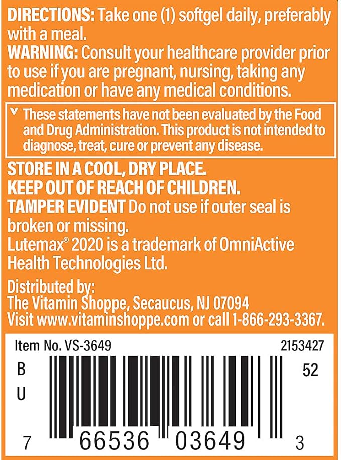 The Vitamin Shoppe Lutein 40MG - Eye Health Vision Support &amp Blue Light Protection Carotenoid Antioxidant (60 Softgels)