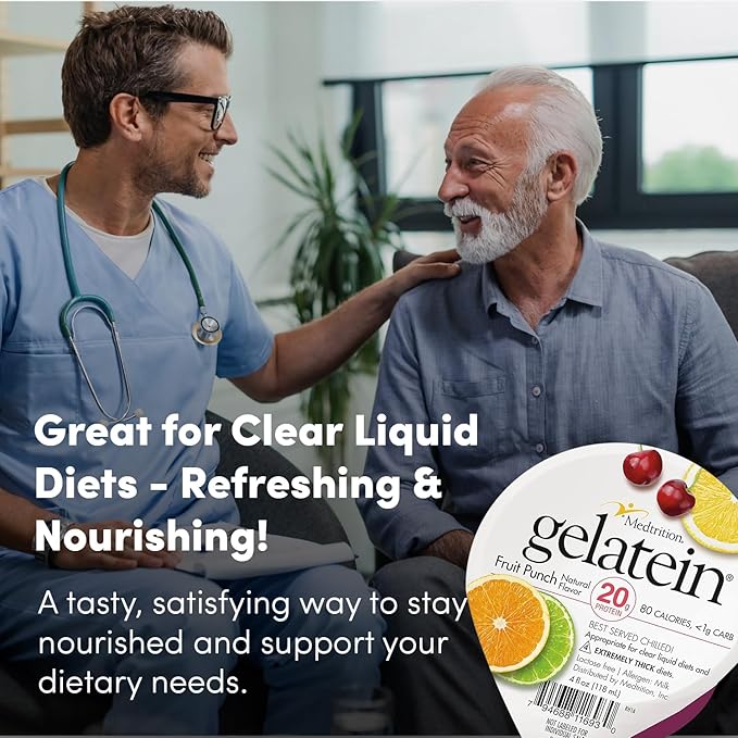 Gelatein Fruit Punch: 20 grams of protein. Sugar free. Ideal for clear liquid diets swallowing difficulties bariatric dialysis and oncology. Great pre or post-workout snack. (36 pack)