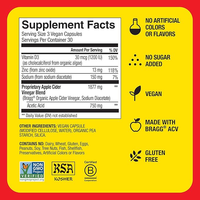 Bragg Organic Apple Cider Vinegar Capsules with Vitamin D and Zinc - (2 Pack) 90 Count - Supports Immune System