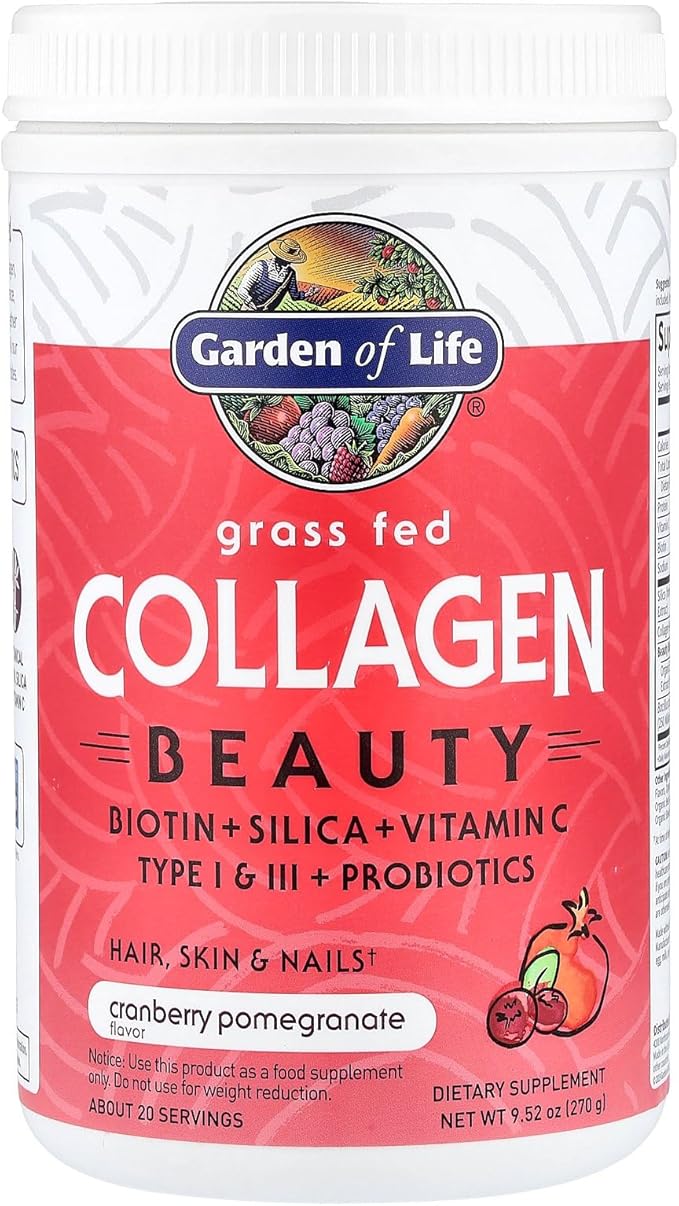 Garden of Life Grass Fed Collagen Beauty - Cranberry Pomegranate 20 Servings Powder for Women Men Hair Skin Nails Hydrolyzed Collagen Peptides Protein Powder Supplement
