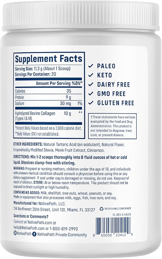 NativePath Collagen Peptides - Hydrolyzed Type 1 &amp 3 Collagen. Keto &amp Paleo Grass-Fed Protein Powder for Hair Skin Nails Bones Joints Digestion and More - No Gluten or Dairy (Peach 226g)