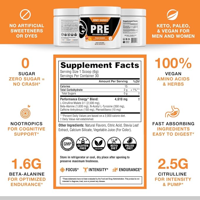 Honey Badger Pre Workout Powder Keto Vegan Preworkout for Men &amp Women Beta Alanine &amp Caffeine Sugar Free Natural Energy Supplement Peach Mango 30 Servings