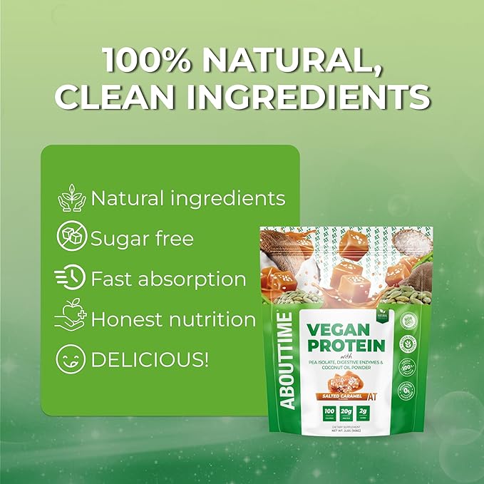 About Time Vegan Protein Powder 20g Salted Caramel Natural Ingredients Non-GMO Plant Based Gluten Free Soy Free Dairy Free 32 Servings