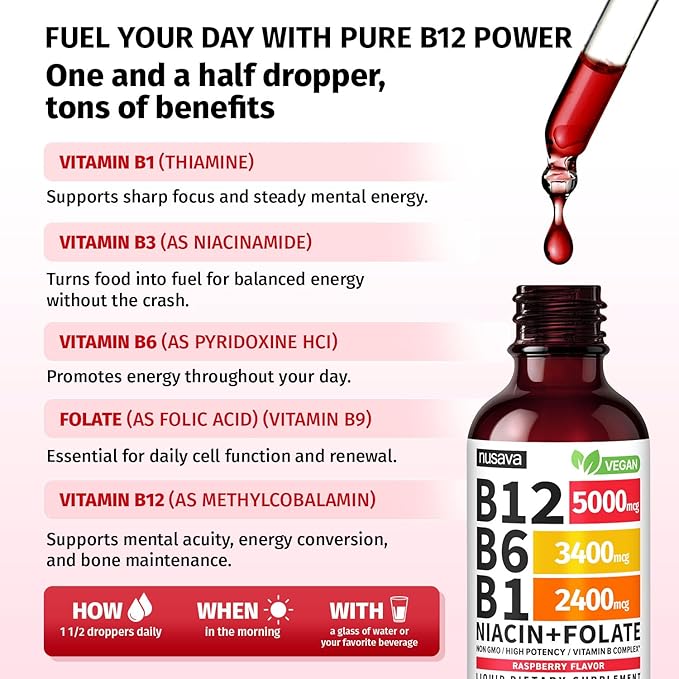 (2 Pack) Vitamin B12 and B6 Liquid Drops B12 Sublingual Vitamin B Complex - B 12 Vitamin 5000mcg - B12 Methylcobalamin for Energy Brain and Heart Support with 27200 mcg Raspberry 80 Servings