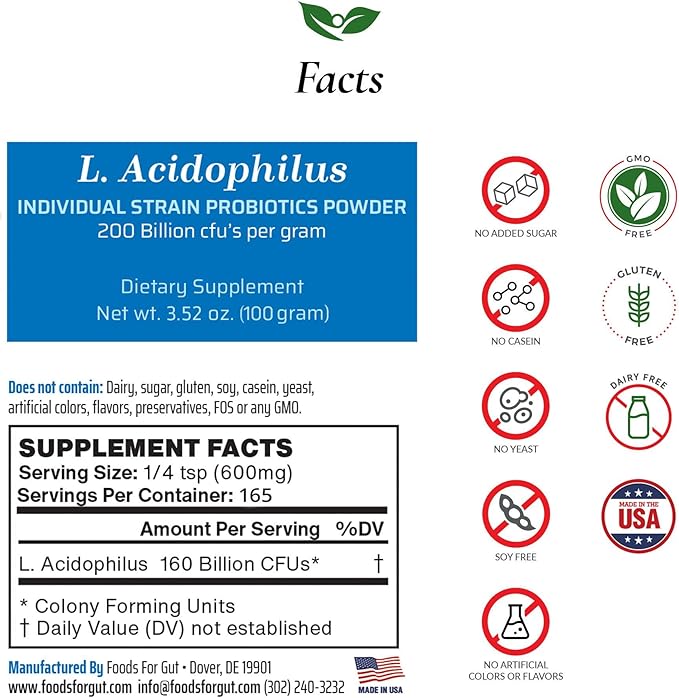Foods For Gut Lactobacillus Acidophilus Probiotic Powder 200 Billion cfu's | Made in USA | No Additives | Direct from Manufacturer | No Third-Party Storage | Immune Support | 100 Grams (3.52 Oz)