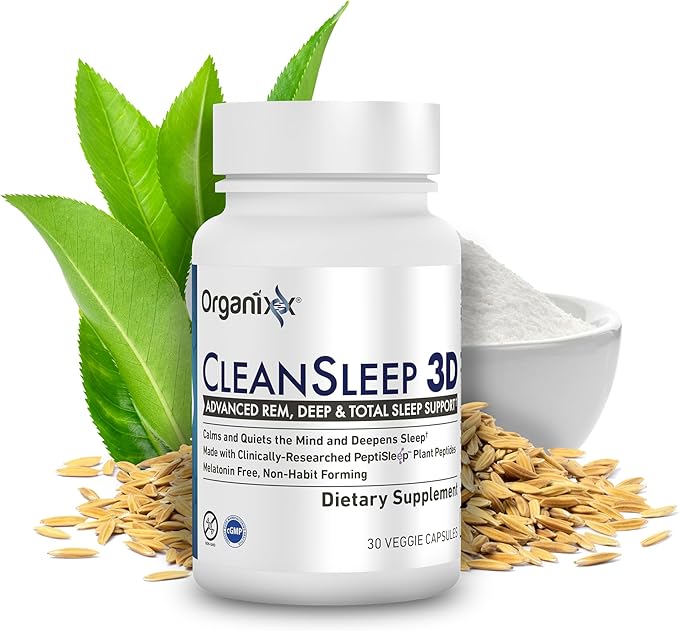 Organixx Clean Sleep 3D Melatonin Free Sleep Supplement with L Theanine GABA and Peptides to Promote Relaxation and Sleep Support Vegan Formula Dairy Soy &amp Gluten Free Non GMO 30 Capsules