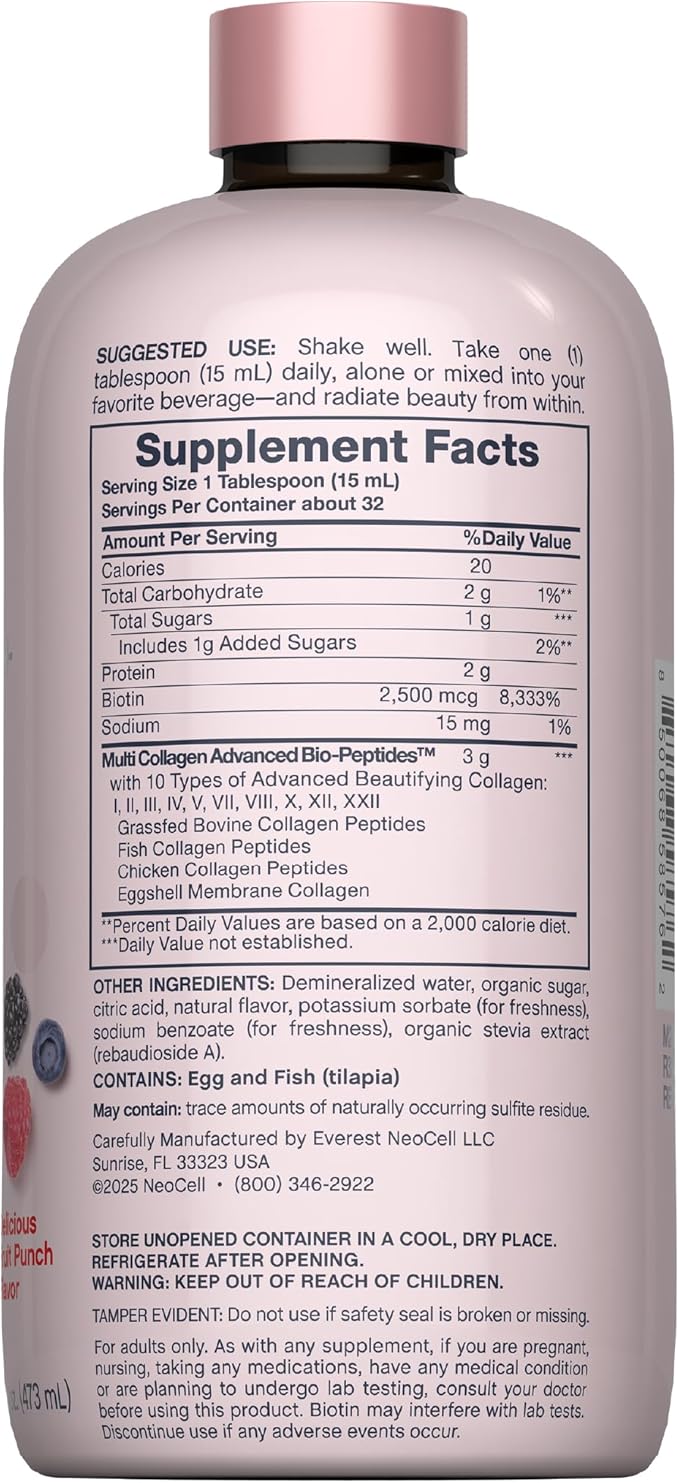 NeoCell Liquid Multi Collagen Peptides | 16 fl oz | with Biotin | Advanced Nourishing Formula | 10 Types of Bio-Peptides | Hair Skin &amp Nails | for Women and Men