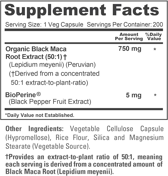 NusaPure Peruvian Black Maca Root 750 mg 200 Veg Capsules ((Non-GMO Vegan)