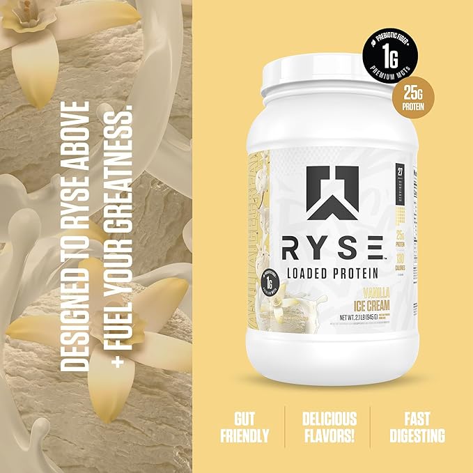 RYSE Loaded Protein Powder - Vanilla Ice Cream - 25g Whey Protein Isolate &amp Concentrate with Prebiotic Fiber &amp MCTs - Low Carb Low Sugar Digestive-Friendly - 27 Servings / 2 lb Tub