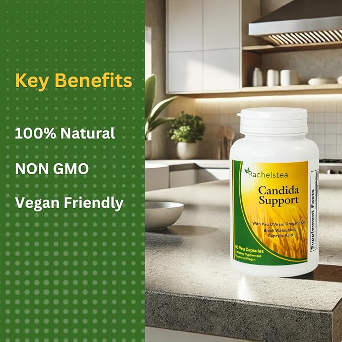 Rachel's Tea and Candida Support: 30 Day Supply Turmeric Wild Yam Ginger Peppermint Fennel Slippery Elm + Candida Support Capsules