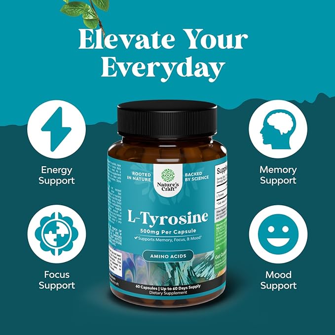 Bundle of High Absorption Magnesium Glycinate Capsules for Calming Sleep Plus Muscle Bone &amp Nerve Support and Free Form L Tyrosine 500mg Capsules for Mental Energy and Focus Support
