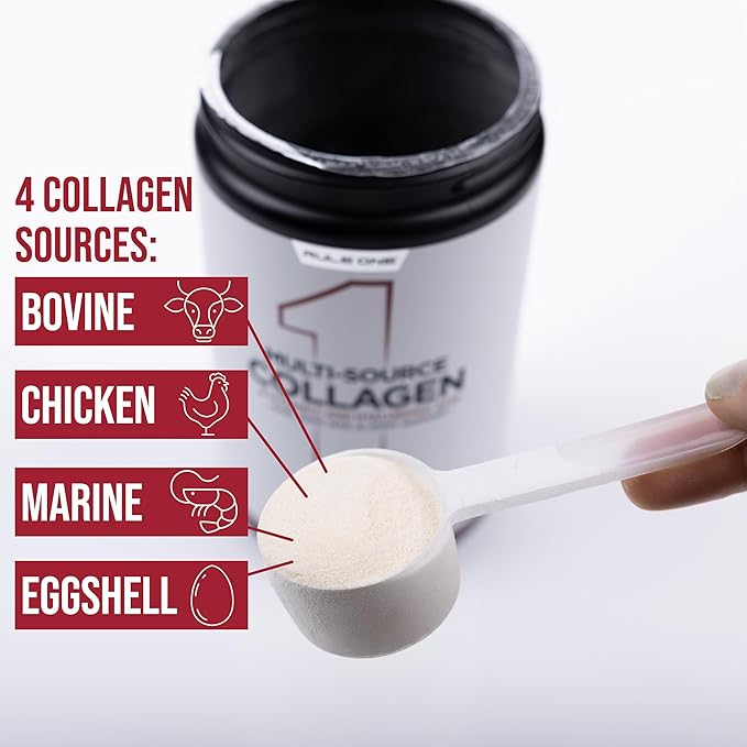Rule 1 Proteins Multi-Source Collagen Powder - Bovine Chicken Fish &amp Eggshell Collagen Sources + Hyaluronic Acid &amp Vitamin C for Hair Skin &amp Nail Support (25 Servings Unflavored)