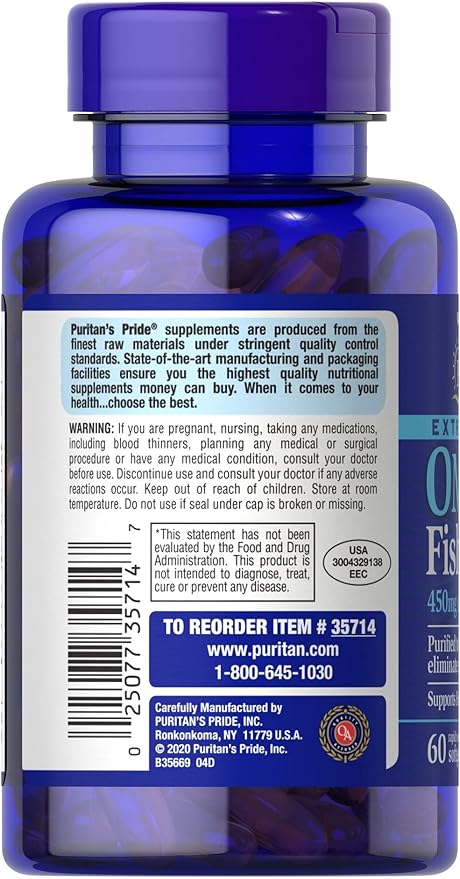 Puritans Pride Extra Strength Omega-3 Fish Oil 1500 Mg 450 Mg Active Omega-3 Softgels 60 Count
