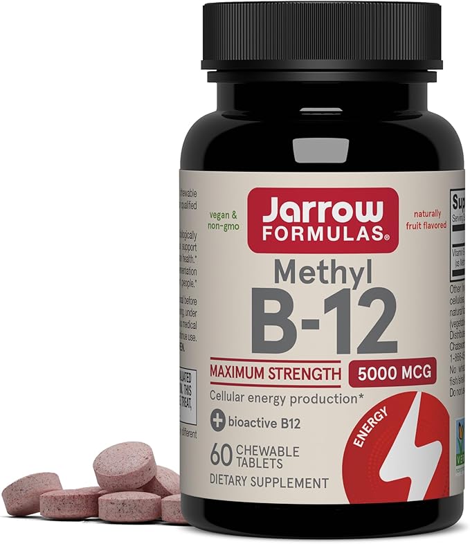Jarrow Formulas Methyl Vitamin B12 5000 mcg - 60 Chewable Tablets Naturally Fruit Flavored- Bioactive B12 Vitamin - Supports Cellular Energy Production Brain Health &amp Metabolism - 60 Servings