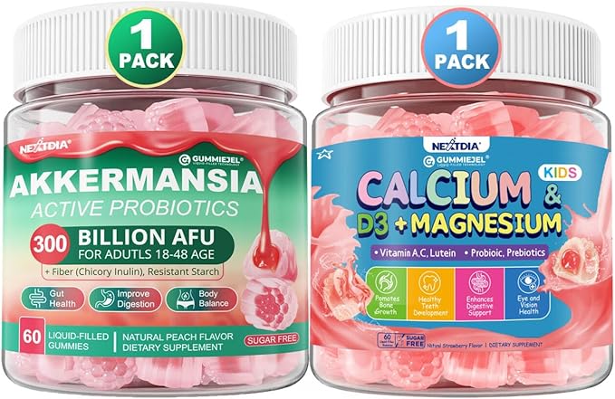 Bundle: Akkermansia Probiotics Gummies with Prebiotics Fiber &amp Calcium + D3 &amp Magnesium Filled Gummies for Kids 4+