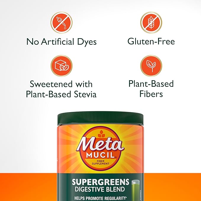 Metamucil Greens SuperFood Powder Fiber Supplement for Digestive Health* and Regularity* Gluten Free Plant-Based Stevia Great Taste Kiwi Apple Flavored 3g Dietary Fiber per Serving 42 Servings