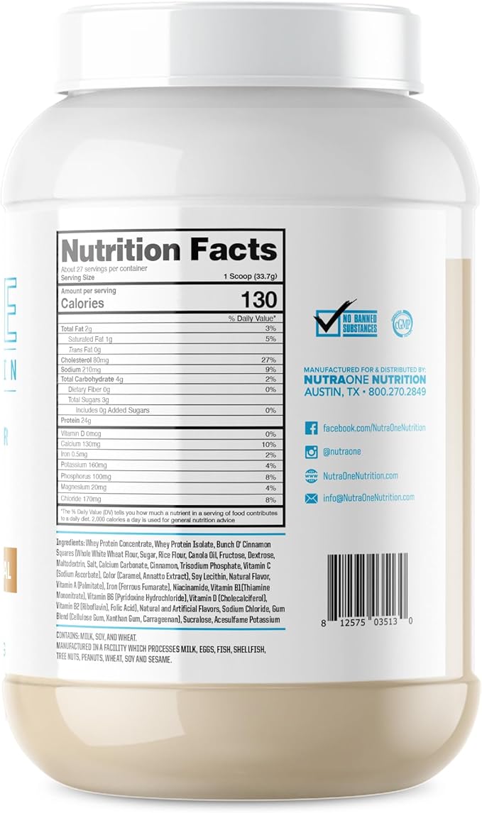 NutraOne ProteinOne Whey Protein Promote Recovery and Build Muscle with a Protein Shake Powder for Men &amp Women (Cinnamon Square Cereal- 2 lbs.)