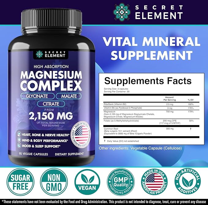 Magnesium Complex 2150MG High Absorption Capsules with Magnesium Glycinate Citrate &amp Malate Plus Vitamin B6 B2 Folate &amp Beet Root Vegan Non-GMO No Artificial Additives 90 Capsules P