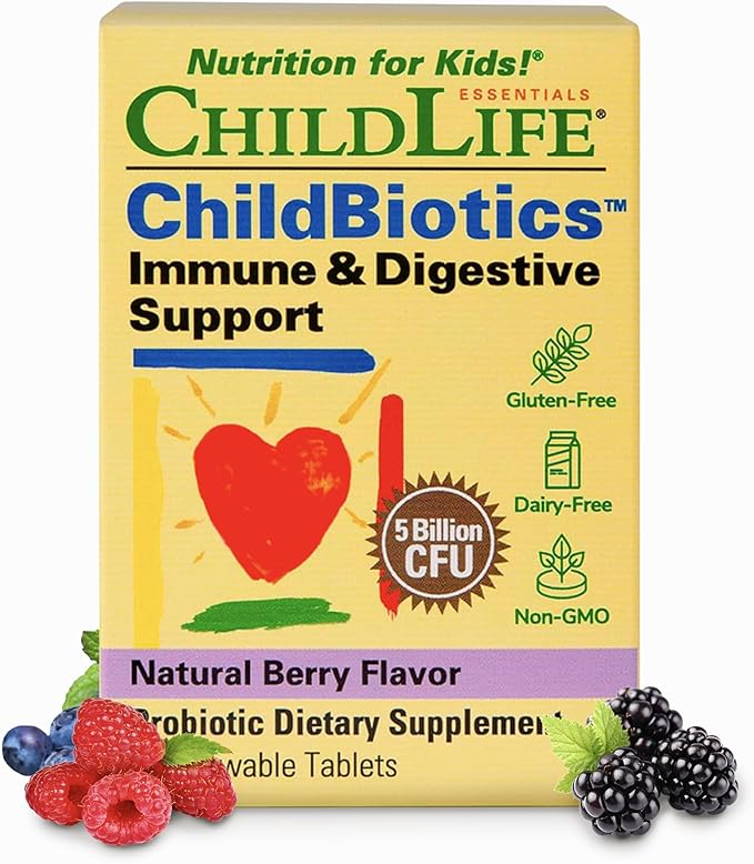 CHILDLIFE ESSENTIALS Childbiotics Immune &amp Digestive Support - Kids Probiotic Probiotics for Kids &amp Toddlers Childrens Chewable Probiotic for Gut Health - Natural Berry 30 Chewable Tablets