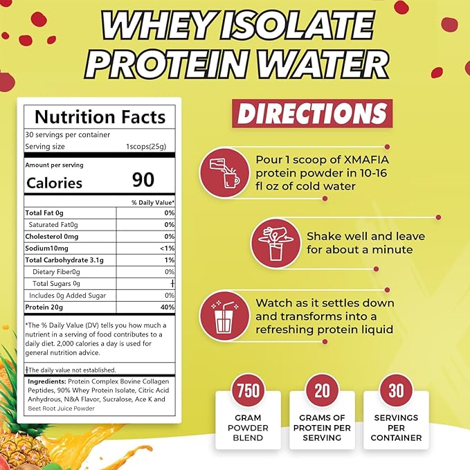 XMafia – Protein Water Clear Protein Powder – 30 Servings 20g Protein 27 oz - Hydrator Whey Isolate - 0g Lactose 0g Sugar Keto-Friendly - Tropical Crush - Iso Juice Protein Post-Workout