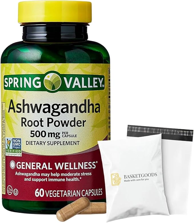 Spring Valley Ashwagandha- 500mg Root Powder 60 Capsules (Pack of 1) Set by Basket Goods