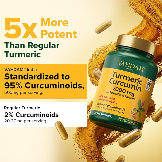 VAHDAM Turmeric Curcumin Supplement 2000mg (500mg Curcuminoids) with Boswellia &amp Piperine for Fast Absorption | Supports Joint Health and Mobility | 90 Capsules