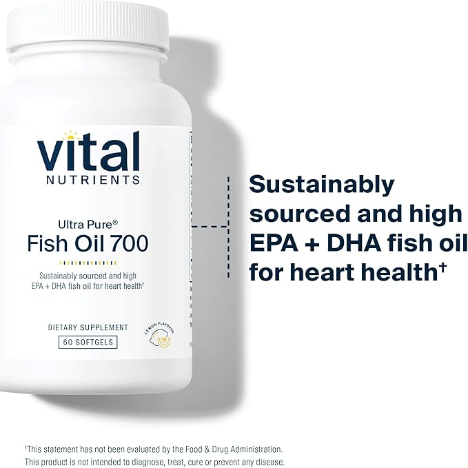 Vital Nutrients Ultra Pure Fish Oil 700 - Supports Heart Brain and Joint Health* - Sustainably Sourced High EPA &amp DHA Omega-3 Fatty Acid - Lemon Flavor - Gluten Dairy &amp Soy Free - 60 Softge