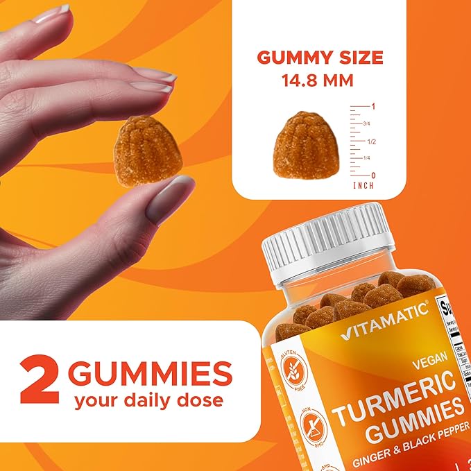Vitamatic Turmeric Gummy with Ginger &amp Black Pepper Extract – 60 Vegan Gummies Each | 2 Pack (120 Gummies) 95% Curcuminoids – Powerful Antioxidant &amp Inflammatory Support