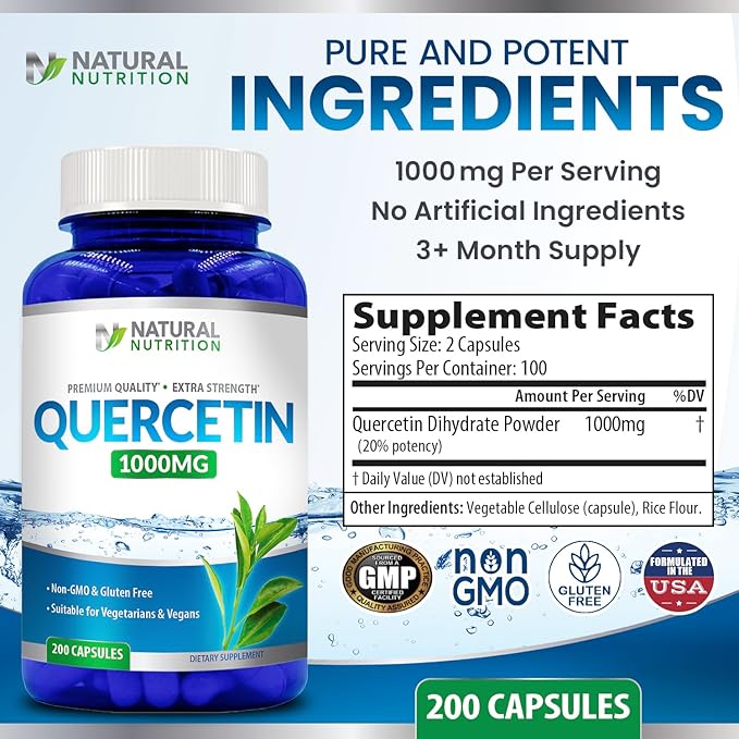 Natural Vitamin Quercetin Maximum Strength 1000mg 200 Capsules Gluten Free Non-GMO
