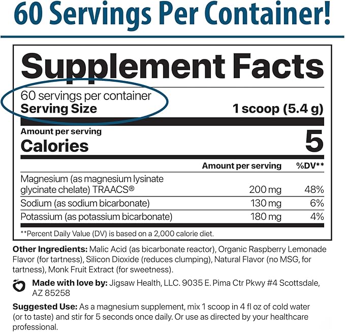 Jigsaw Health MagSoothe | Fast-Acting Calming Magnesium Glycinate Powder Supplement | Raspberry Lemonade Flavor | 60 Servings (Jar)