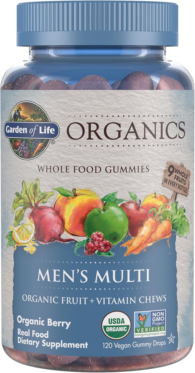 Garden of Life Organics Men's Gummy Vitamins - Berry - Certified Organic Non-GMO Vegan Kosher Complete Multi - Methyl B12 C &amp D3 - Gluten Soy &amp Dairy Free 120 Real Fruit Chew Gummies
