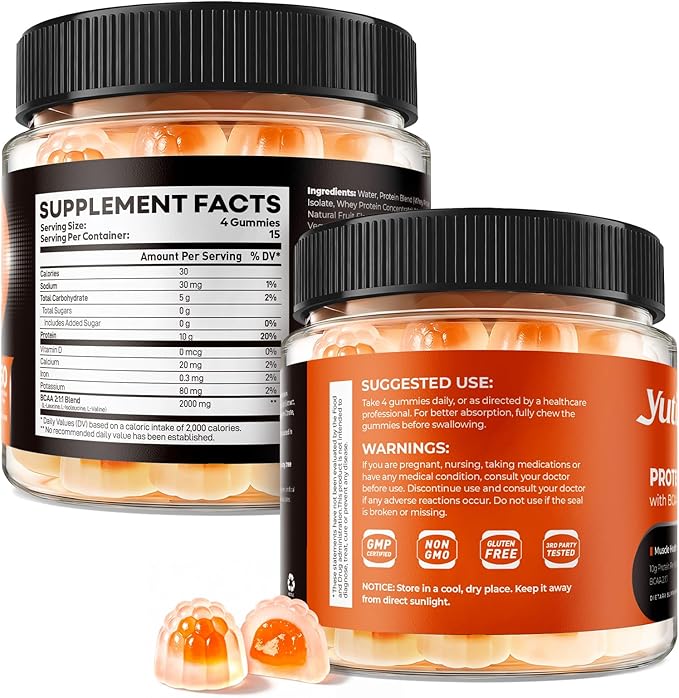 Whey Protein Gummies with BCAA 2:1:1 10g Protein per Serving for Men &amp Women Low Calorie Sugar Free Orange Flavor 120 Count