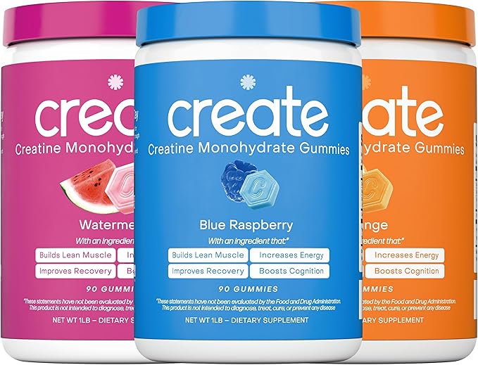 Create Creatine Monohydrate Gummies - Refresher Trio - Watermelon Blue Raspberry &amp Orange - Creatine Gummies for Women &amp Men NSF Certified 3rd Party Tested Anti-Melting Formula 270 Count