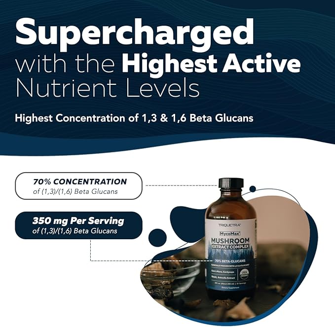 MycoMax Mushroom Complex - 70% Beta Glucans Max Potency Mushroom Supplement US Grown + Ultrasonic Extraction - Lions Mane Cordyceps Reishi &amp More - Promotes Cognition Immunity Energy - 8 oz.