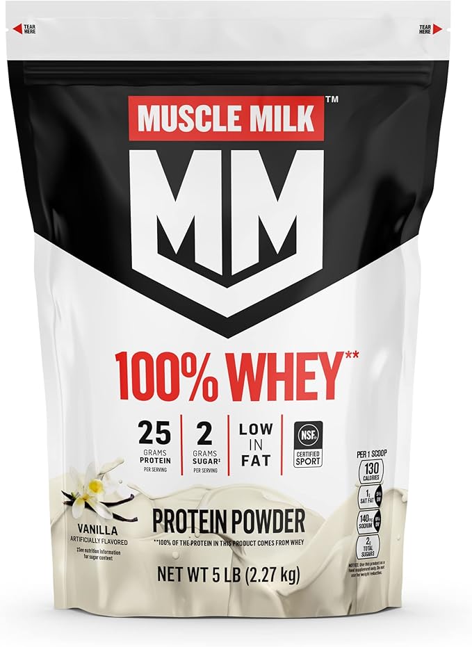 Muscle Milk 100% Whey Protein Powder Vanilla 5 Pound 68 Servings 25g Protein 2g Sugar Low in Fat NSF Certified for Sport Energizing Snack Workout Recovery Packaging May Vary