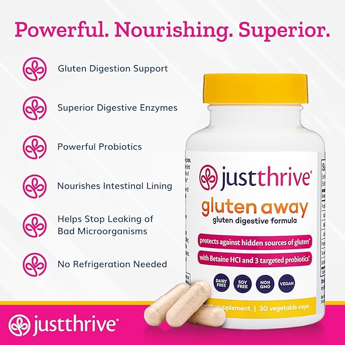Just Thrive Gluten Away - 30 Servings Digestive Enzymes + Probiotic Support for Gluten Defense - Vegan Gut Health Supplement