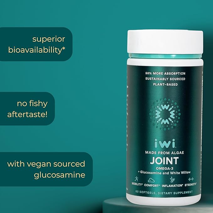 Iwi Life Joint Omega-3 60 Softgels (30 Servings) Plant-Based Algae Omega-3 with Glucosamine Mobility Support Dietary Supplement Krill &amp Fish Oil Alternative No Fishy Aftertaste