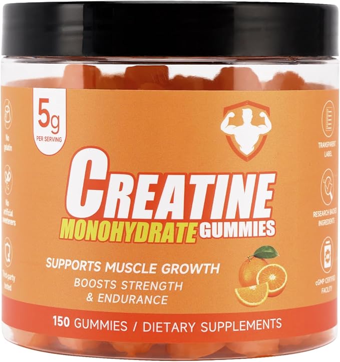 Bruce &amp Shark Creatine Monohydrate Gummies with 5g Per Serving Supports Muscle Growth Boosts Strength &amp Endurance No Gelatin No Artificial Sweeteners 150 Count (Orange)