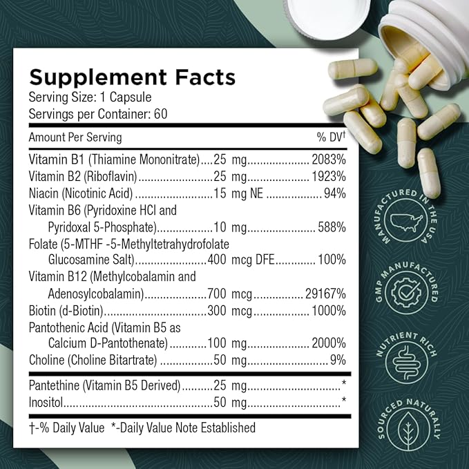 Tri-Methyl+ B Complex Methylated B Vitamins - Full Spectrum Methyl B Complex Vitamin Supplement For MTHFR Support with Active Forms of B12 Methylcobalamin Adenosylcobalamin and Methylfolate