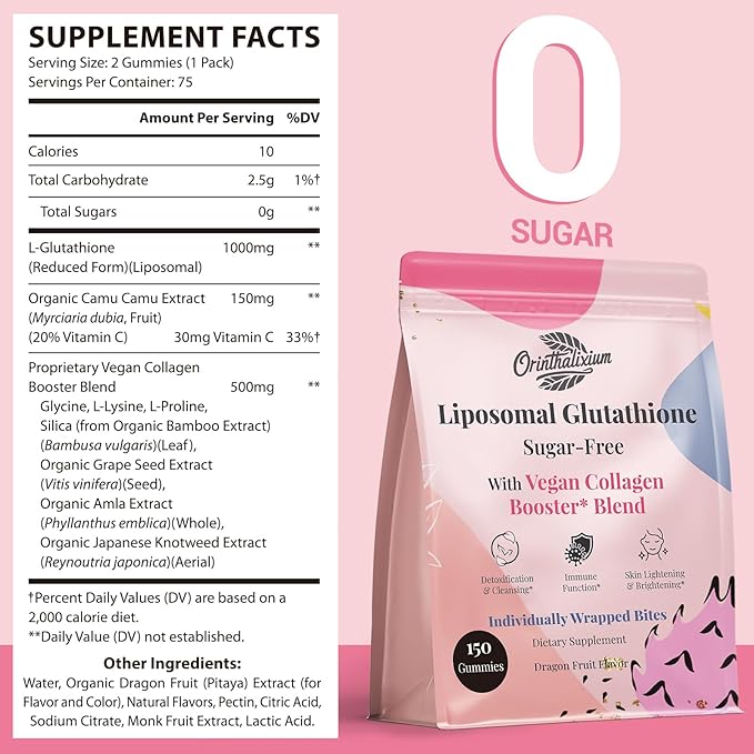 Liposomal Glutathione Gummies 1000MG - Sugar Free Reduced L-Glutathione with Vitamin C &amp Vegan Collagen - Antioxidant &amp Skin Wellness - 150 Count