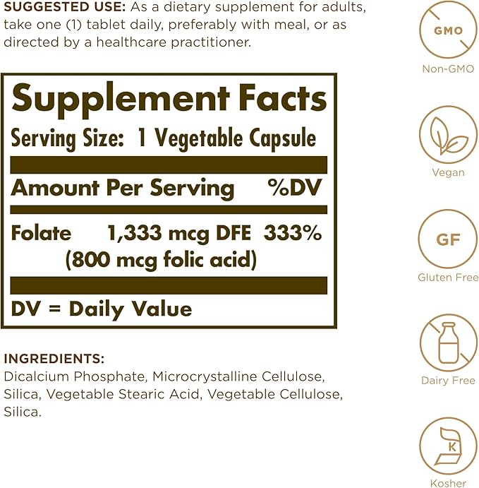Solgar Folate 1333 mcg DFE (Folic Acid 800 mcg) - 250 Tablets Pack of 2 - Prenatal Support - Non-GMO Vegan Gluten Free Dairy Free Kosher Halal - 500 Total Servings