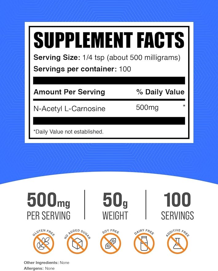 BulkSupplements.com N-Acetyl L-Carnosine Powder - Carnosine Supplement N-Acetyl Carnosine 500mg - Gluten Free 500mg per Serving 50g (1.8 oz) (Pack of 1)