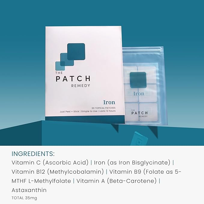 The Patch Remedy Iron Patch | Iron Bisglycinate Vitamin C B9 (Methylfolate) B12 Beta-Carotene Astaxanthin | 30 Patches