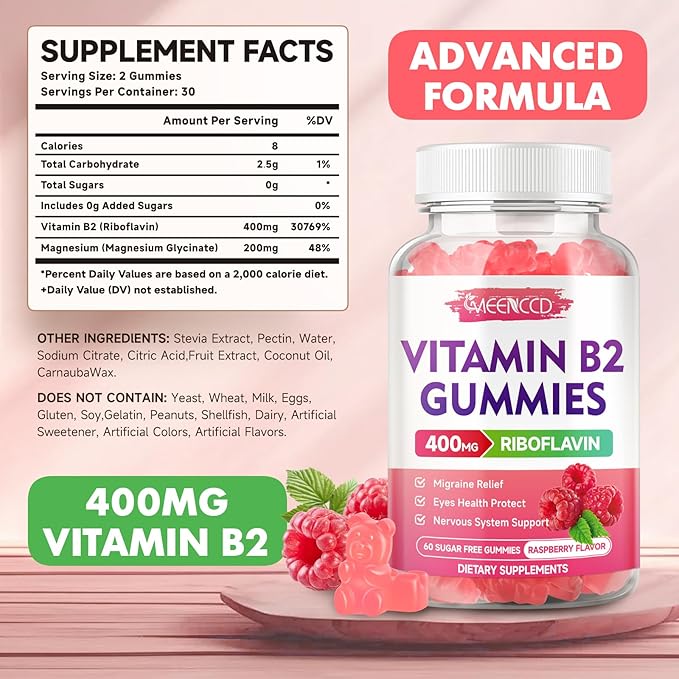 Vitamin B2 Gummies Riboflavin 400mg Supplement with Magnesium for Kids &amp Adults B2 Gummies for Migraine Relief &amp Nervous System Support Vegan Sugar-Free Raspberry Flavor 60 Count