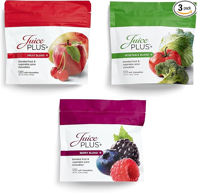 Juice Plus+ Fruit Vegetable &amp Berry Blend Soft Chews (Chewables) - 30 Plant-Based Ingredients! Vegan Gummies for Kids &amp Adults - Gluten-Free Non-GMO No HFCS - Prepacked 3 Pouches (30 Chews